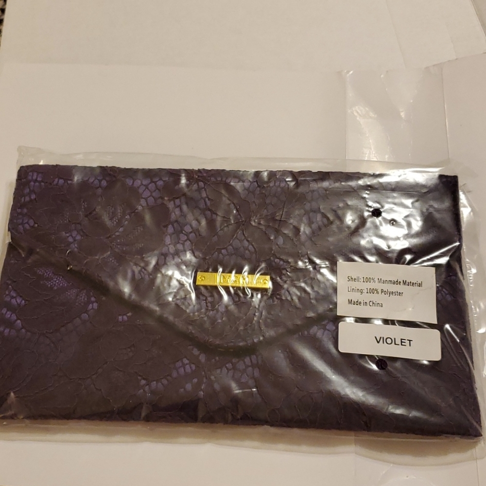NWT, NIB, IMAN,Clutch handbag, Violet, Lace&Silk, no chains, pocket in interior.